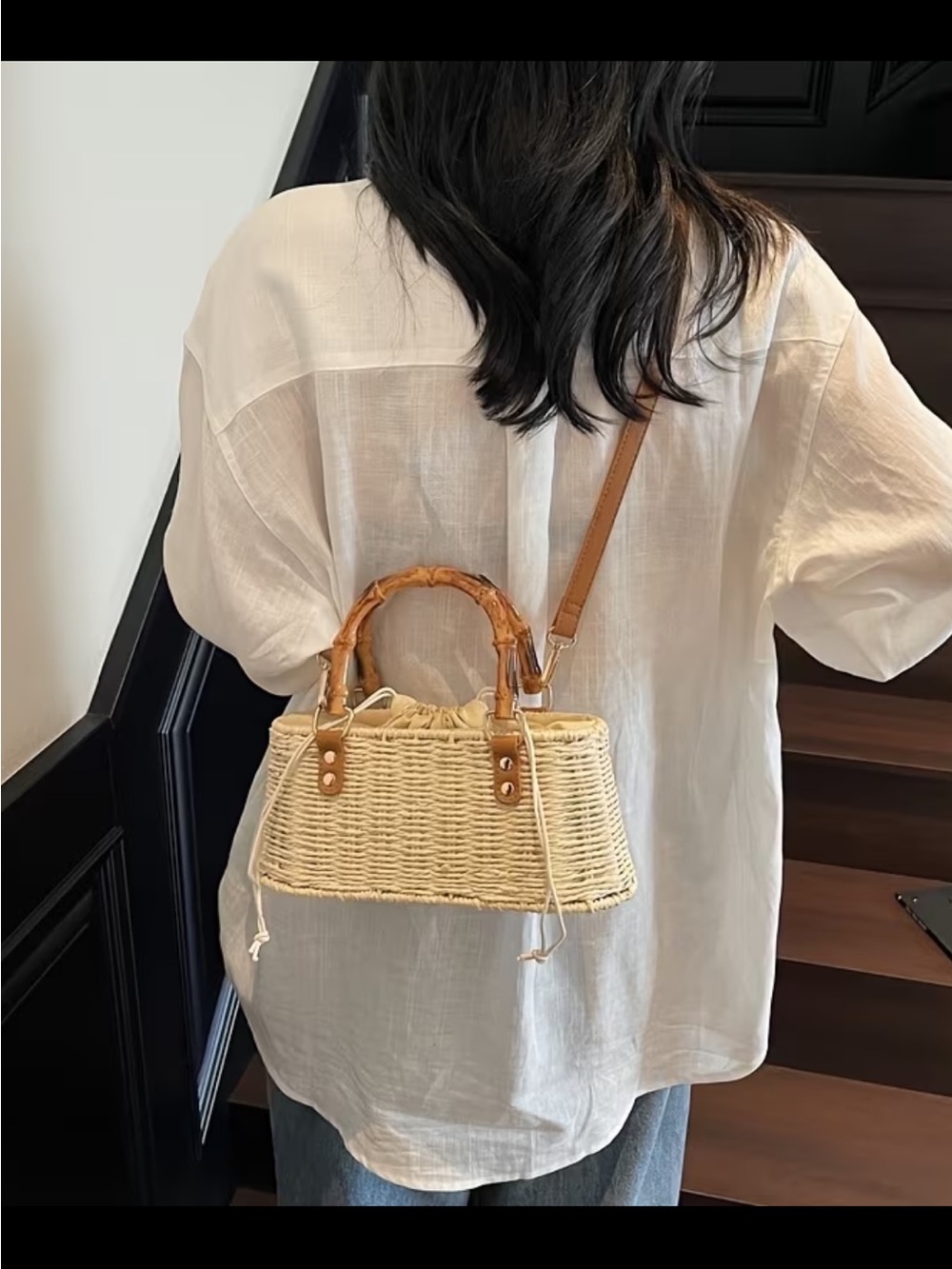 Affordable Fashion Finds Cream Woven Straw Tote with Bamboo Handles - Picture 3 of 4